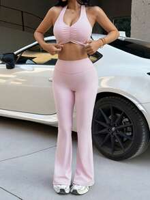 Aoqta Sports 女士夏季休闲纯色两件套，修身无袖露背荷叶边V领上衣搭配高腰显瘦喇叭裤，适合瑜伽、跑步、健身、日常穿着。 - 粉色 - 查看 5