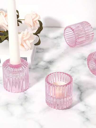 1pc Transparent Vertical Striped Glass Candle Holder, 2-In-1 Candle Cup For Candles And Tea Lights, Creates Romantic Tabletop Decor, Centerpiece, Theme Party, Holiday Decoration, Indoor Home Decor