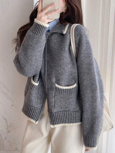 Tonlion 女式休闲复古风格撞色饰边领拉链开衫，秋冬