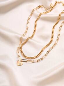 2pcs Copper Fashionable European & American Style Heart-Shaped Plaid Chain Layered Necklace Set, Suitable For Beach & Holiday Accessories - Yellow Gold - View 5