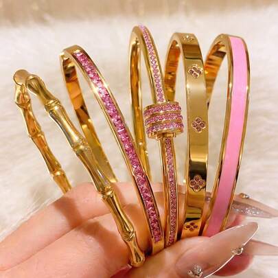 5/1pc Golden Jewelry Set, Minimalist And Chic Stainless Steel Bangle, Great For Dating, Party Gatherings, Daily Commuting, Lovely Valentine's Day Gift With Subtle Floral Details, Bamboo-Inspired Construction And Soft Pink Accents, Understated And Stylish Piece That Complements Any Outfit With A Gentle Touch Of Romance, Designed To Add A Hint Of Charm Without Overwhelming Your Look