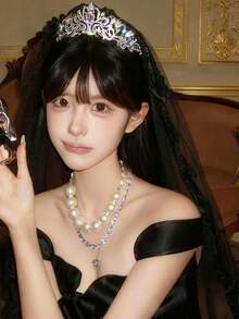 1件欧美奢华新娘皇冠头饰，水晶公主生日合金皇冠，适合婚礼、派对及其他场合 - 彩色 - 查看 2