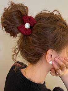 1pc Women's Cute New Year Red Pearl Bow Hair Scrunchie, High Elastic Hair Tie, Elegant Bun Holder For Autumn/Winter - Red - View 4