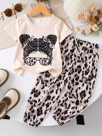 2pcs Girls Summer Outfit, Portrait & Lip Print Short Sleeve T-Shirt + Long Pants Set, Casual Vacation Cooling Suit, 4-7Y Student