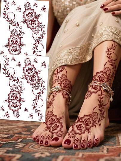 2pcs Floral Design Brown, Red, Burgundy Sexy Toe & Hand Temporary Tattoo Stickers, Suitable For Women, Henna Inspired Floral Print Waterproof Tattoo Stickers, Brown Tattoo Stickers For Body Art, Wedding Party