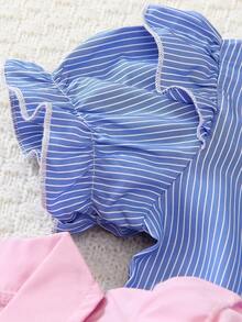 2件套 女童可爱条纹花瓣袖Polo领迷你连衣裙，夏季 - 彩色 - 查看 4