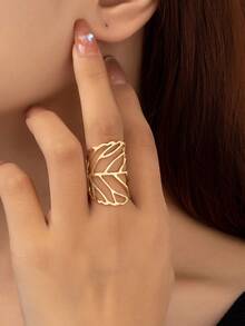 1 pieza Anillo abierto con forma de corazón geométrico minimalista, adecuado para uso diario de mujeres, Día de San Valentín, boda - Dorado - Ver 12