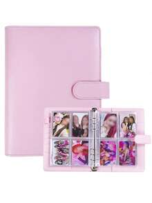 A5 K-Pop Star Photo Card Album, Includes 25pcs 4-Slot Card Pages, 6-Ring A5 Photo Album Collector's Book, Can Hold 200 Cards, PU Leather Cover With Magnetic Clasp - Solid Color - View 7