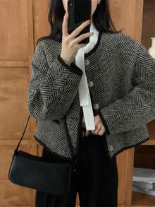 女士优雅复古人字纹开衫毛衣，秋冬款 - 黑色 - 查看 4