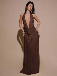 2026 Dresses For WomenBAE Sexy Minimalist Solid Yellow Cream Deep V-Neck Halter Bodycon Ruched Fitted Women's Maxi Mesh Dress, Suitable For Party, Cocktail, Formal Occasions, Bridesmaid, Birthday, Business Casual, Elegant Women Maxi Dress,Valentine's Day,Valentine Fits For WomenLoose And Comfortablevestidos - 咖啡棕 - 查看 6