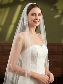 1pc Shiny Pearl Bridal Veil, Minimalist & Elegant Design, Suitable For Wedding Dress, Cathedral Wedding - Multicolor - View 2