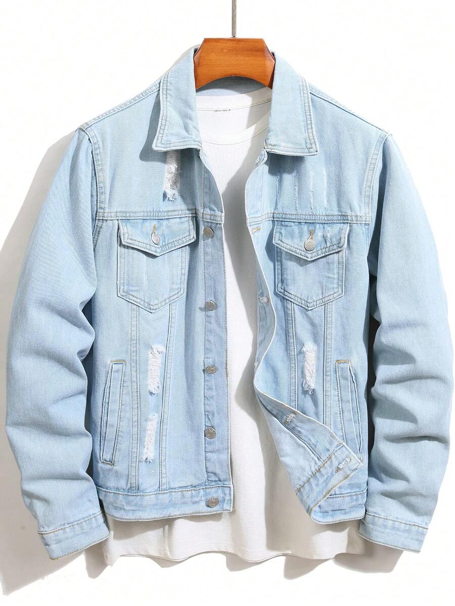 Áo khoác denim nam màu xanh nhạt bạc màu, kiểu dáng thời trang thường ngày. - Rửa nhẹ - Xem 1