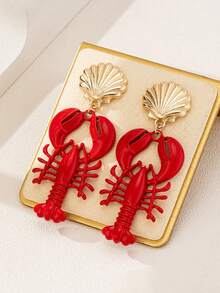 2pcs Ocean Life Series Red Enamel Lobster & Shell Metal Earrings, Women's Dangle Earrings Suitable For Vacation, Outing, Personalized, European And American Style, Unique Earrings - Red - View 1