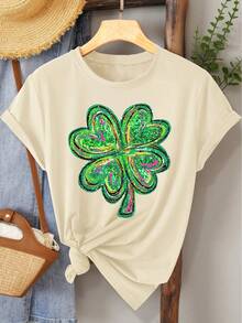(St. Patrick's Day) Green Pink Black Glitter Texture Design Four-Leaf Clover Pattern Print Fashion Elegant Women's Spring Summer Autumn Casual Sports Style Top Soft Comfortable Round Neck Short Sleeve T-Shirt Available In S-XXL - 杏色 - 查看 7