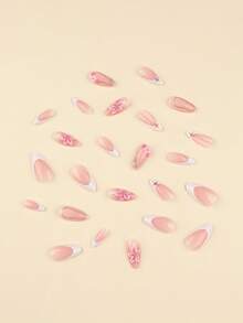 24片法式白色浮雕3D装饰假指甲，白色花朵短杏仁形指甲贴片套装，包含1张粘性贴纸和1个迷你指甲锉，适合日常佩戴的美甲用品 - 彩色 - 查看 2