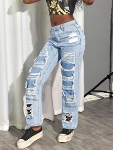Women's Casual Pockets Double Layer Distressed Straight Leg Jeans - Light Wash - View 6