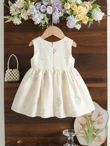 Đầm công chúa dáng chữ A không tay cổ tròn, nơ 3D phía sau, khóa kéo nửa thân cho bé gái, kiểu dáng thời trang đa năng, thích hợp làm quà sinh nhật cho bé gái, mùa xuân/hè, phù hợp cho tiệc tùng, họp mặt và mặc hàng ngày. - Màu be - Xem 2