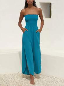 Strapless Wide-Leg Jumpsuit: Boho V-Neck Romper With Side Pockets In Vibrant Turquoise For Beach Vacations, Summer Resorts And Resort Wear For Women. - 混合色 - 查看 3