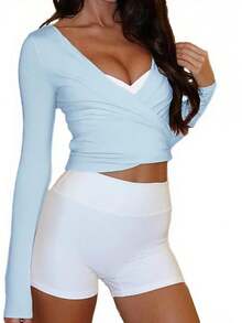 Women Ballet Wrap Top V Neck Solid Long Sleeve Self Tie Dance Shirt Pilates Yoga Tops Y2k Workout Active Blouses Clubwear For Daily Party - 淺藍色 - 查看 1