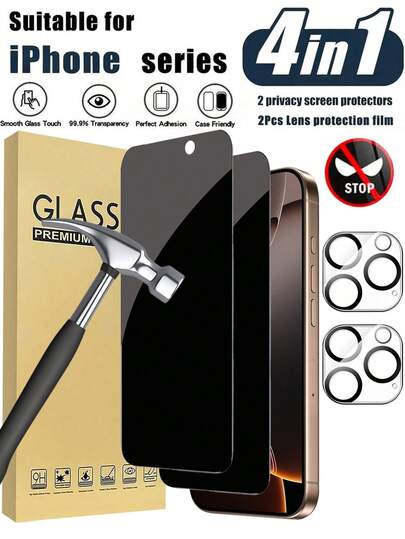 四合一套装 - 2 片适用于 16 Pro Max 6.9 英寸的隐私屏幕保护膜 + 2 片摄像头镜头保护膜，兼容 17 Pro Max、17 Pro、17 Air、16 Pro、16 Plus、15 Pro Max、15 Pro、15 Plus、14 Pro Max、14 Pro、14 Plus、13 Pro Max、13 Pro、12 Pro、11 Pro Max。隐私钢化玻璃屏幕保护膜，手机屏幕保护必备品，适用于日常防护、办公、居家使用。防窥、防水、防震、防摔、防刮擦。