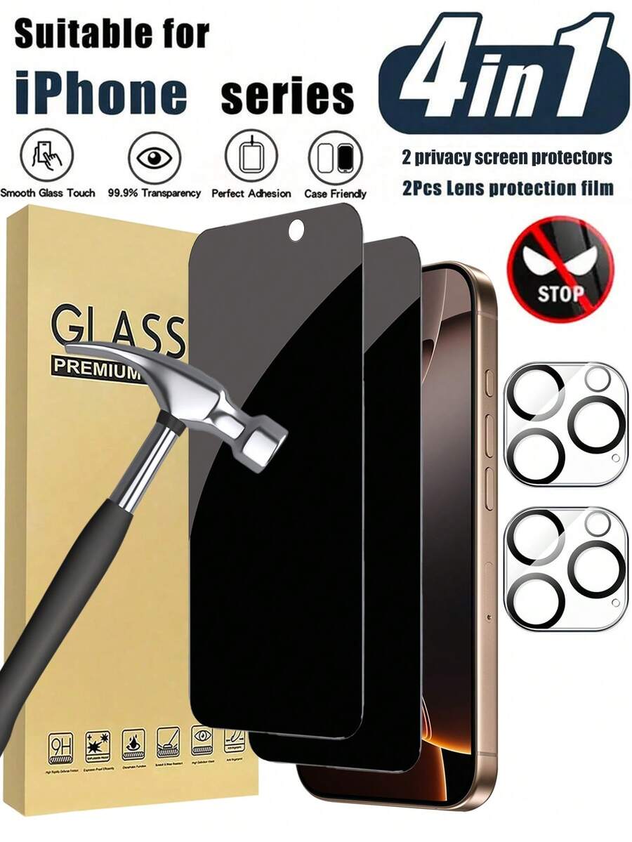 Juego de 4 en 1 - 2 piezas de protector de pantalla de privacidad para iPhone 16 Pro Max de 6.9 pulgadas + 2 piezas de protector de lente de cámara, compatible con 17 Pro Max, 17 Pro, 17 Air, 16 Pro, 16 Plus, 15 Pro Max, 15 Pro, 15 Plus, 14 Pro Max, 14 Pro, 14 Plus, 13 Pro Max, 13 Pro, 12 Pro, 11 Pro Max. Protección de pantalla esencial con protector de pantalla de vidrio templado con privacidad. - Negro - Ver 1