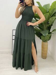 Elastek Elegant Slit Halter Neck Long Dress - Army Green - View 4