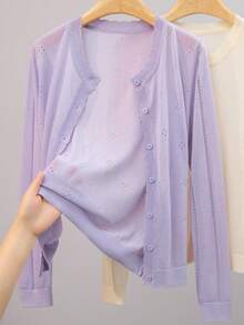 GIGOGOU Áo khoác cardigan dệt kim mỏng nhẹ dành cho nữ, tay dài, thoáng khí, thích hợp cho mùa xuân/hè. - Màu tím hoa cà - Xem 3