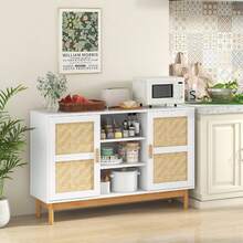 Stylish 48 Inch Sideboard Buffet Cabinet With Bamboo Woven Doors For Any Room - 自然白 - 查看 5