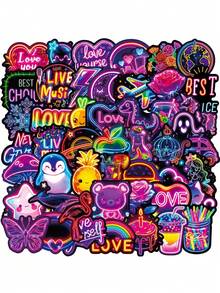 50pcs Neon Stickers, Colorful Neon Vinyl Art Stickers, Suitable For Water Bottles, Laptops, Scrapbooks, Luggage, Cartoon Stickers For Adults & Teens (Random Styles) Scrapbook Supplies Funny Stickers Scrapbooking Supplies Kindle - A - View 2
