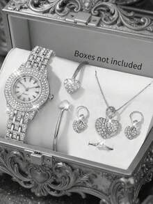 Bộ 6 đồng hồ nữ thạch anh thời trang, thiết kế đơn giản và đa năng, mặt tròn đính kim cương sang trọng, dây đeo bằng thép hợp kim vàng, kết hợp cùng vòng tay, dây chuyền, bông tai, nhẫn hình trái tim đính kim cương và các bộ trang sức khác, phù hợp cho cả ngày thường và dịp lễ, quà tặng cho bạn bè thân thiết, quà tặng cho phụ nữ, quà tặng mùa đông. - Vàng - Xem 14