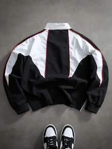 Driftmere Loose Retro Patchwork Zip-Up Jacket, Colorblock Racing Style Stand Collar - Black and White - View 4