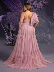 Faeriesty Elegant Maternity Plus Size Soft Pink Asymmetric Neckline Maxi Party Gown For Women | Sheer Mesh & Tulle Fabric With Multi-Layer Flounce , Chest Ruched Detailing For Feminine Dimension, Perfect For Spring Weddings, Mother's Day Celebrations - Mauve Purple - View 3