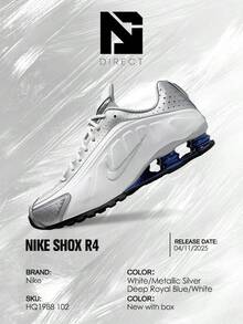 Nike Shox R4 Metallic Silver Deep Royal Blue – Men's Lifestyle Sneakers – Shoes For Man -Vintage-Spring & Summer-Inspired Running Shoes, Shock-Absorbing Comfort, Gym To Streetwear Casual Wear-Mother's Day Gifts-Father's Day Gift– HQ1988 102 - Trắng/Bạc ánh kim/Xanh hoàng gia đậm/Trắng - Xem 6