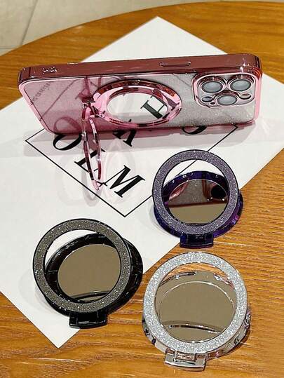 Hollow-Out New Back Sticker Magnetic Phone Stand, Foldable Magic Ring Desktop Lazy Dual-Purpose Mirror Glitter,Magnetic Mobile Phone Stand Magnetic Mobile Phone Back Stick All Match Stand Mirror Butterfly Glitter