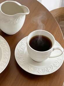 1Pc French Style Light Luxury Exquisite Flower Bead Relief Pure White Ceramic Milk Pot Coffee Cup Plate,Perfect For Home Use,Insulated,Reusable - Multicolor - View 4