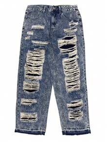 Y2K Distressed Cat Whisker Straight Leg Jeans, Wide Leg Jeans, Street Rock Denim, Splattered Denim Pants For All Seasons, Frayed Hem Wide Leg Loose Fit Jeans, Y2K Streetwear Casual Daily Cotton Pants - Blue - View 4