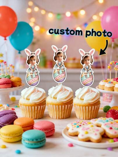 1Pc/4PCS/8PCS/16PCS Custom Easter Face Cake Topper – Personalized Bunny Ears Photo Cake Decoration, Custom Cake Topper, Easter Decoration, Perfect For Easter Party, Kids Birthday, Family Gathering, Cupcakes, Dessert Table Decor, Holiday Celebration, Special Occasions