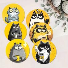 1 Set/6 Pieces Abstract Cat-Themed Wooden Coasters - Wooden Drink Coasters For Coffee Tables, Elegant Protective Pads, Cozy Home Gift, Wooden Coasters - Wooden Board-circle Coaster - View 2