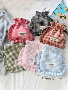 1个韩版可爱荷叶边束口袋复古格纹抽绳包便携大容量收纳整理防尘袋抽绳化妆包布艺多功能收纳袋化妆包旅行化妆包化妆袋女孩化妆收纳包洗漱包旅行整理化妆包妈妈礼物、返校礼物、新年礼物、情人节礼物旅行必备邮轮必备度假必备 - 彩色 - 查看 11