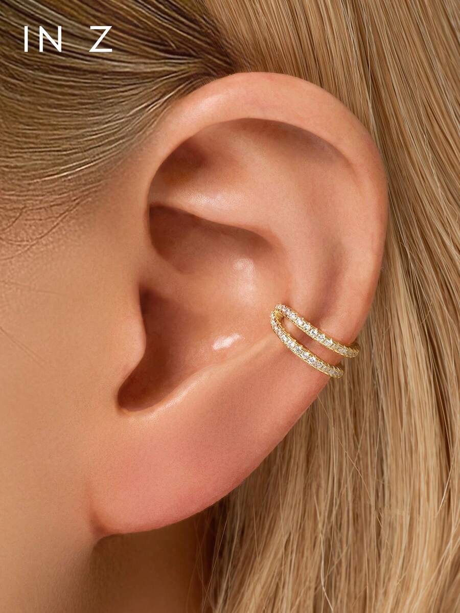 1pc 925 Sterling Silver Geometric Ear Cuff With Rhinestones, Hypoallergenic Gold Earrings, Suitable For Women's Daily Wear - Diamond-studded Geometric Ear Clips - View 1