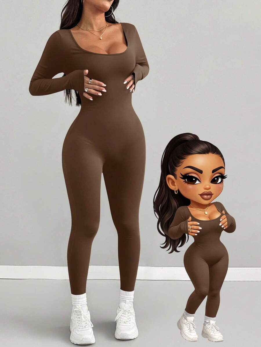 Bộ jumpsuit nữ AITYI Studio, dáng ôm vừa vặn, cổ chữ U, màu trơn, thời trang gợi cảm, thoải mái cho các hoạt động thể thao ngoài trời, đi làm, du lịch, phong cách Y2K đa năng, phù hợp cho lễ tốt nghiệp, kỳ nghỉ xuân, lễ hội âm nhạc, jumpsuit dài tay ôm sát co giãn mùa xuân/hè. - màu nâu - Xem 1
