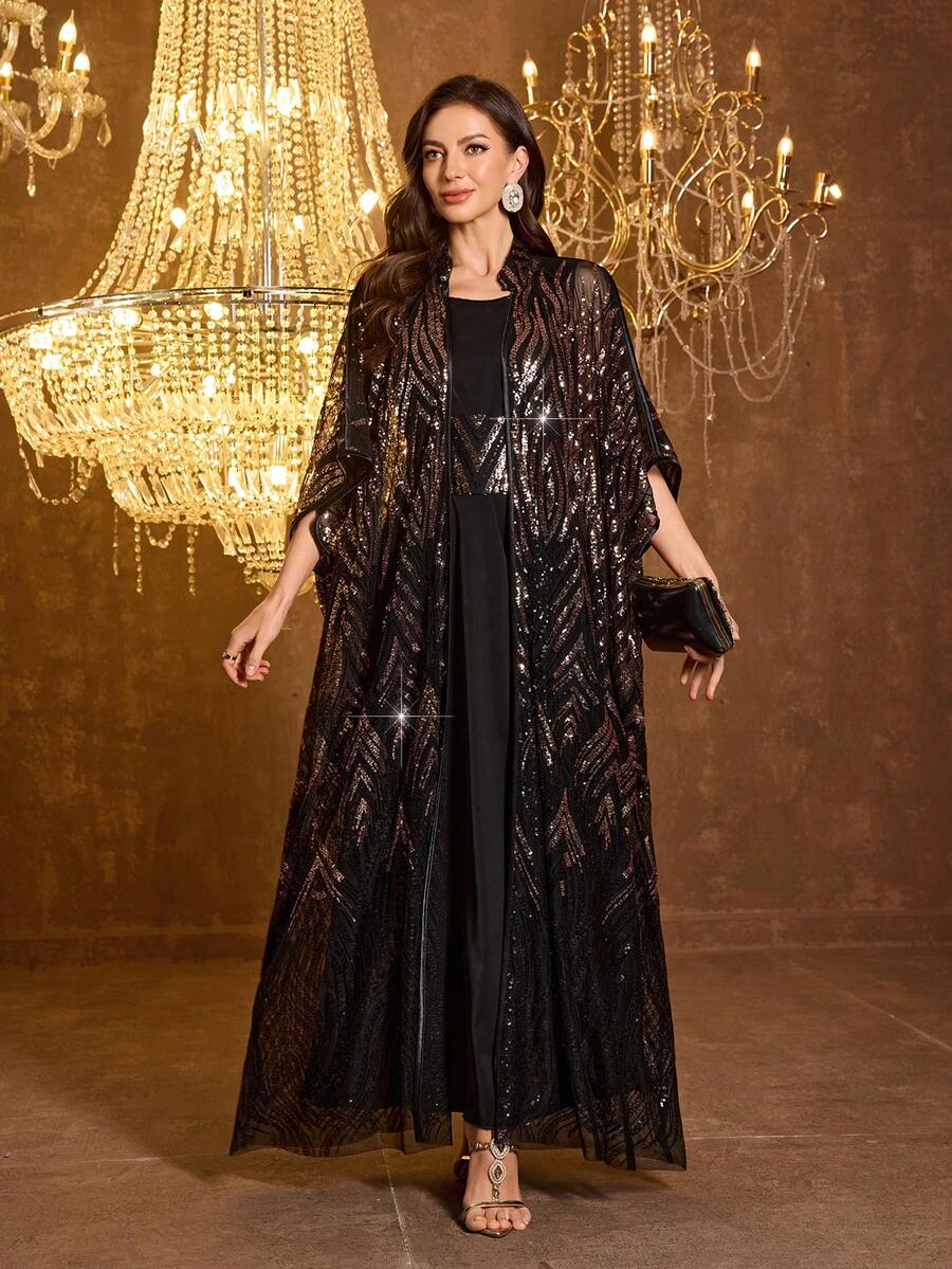 Vestido de noche de manga larga con lentejuelas y cintura con lazo, estampado aleatorio, para vacaciones, de SUPGIR - Negro - Ver 1