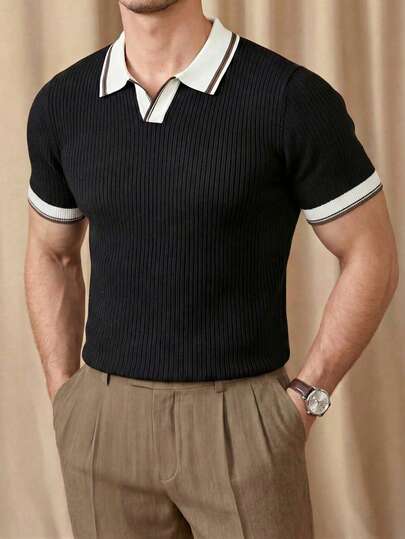 Herren Poloshirt mit Kentkragen, kurzen Ärmeln, geripptem Strick, Kontrastbesatz, schlanke Passform, im Vintage-Gentleman-Stil, vielseitig für den täglichen Gebrauch, Herren Strickoberteil, Designer Herren Strickhemd