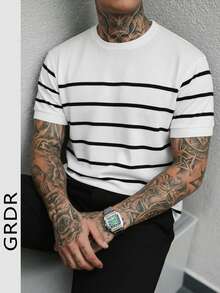GRDR 男士夏季条纹针织短袖毛衣，适合夏季社交聚会和用餐场合 - 白色 - 查看 2