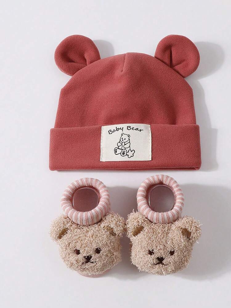 2件套 0-12个月宝宝兔耳朵软帽+泰迪熊袜子套装，弹性婴儿针织帽，新生儿可爱套装，适合日常休闲室内/室外穿着，拍照 - 2PC - 查看 19