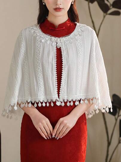 女士旗袍披肩一件装，蕾丝流苏装饰斗篷围巾，独特复古风格罩衫，白色，适合春夏秋季穿着