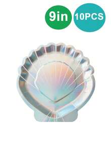 10个装贝壳纸托盘，美人鱼主题派对用品，彩虹闪光一次性托盘，7/9英寸纸托盘，适用于新娘送礼会、生日派对、海滩派对、节日派对用品 - 彩色 - 查看 6