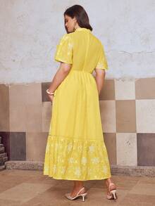 Simplee Plus Size Women's Spring/Summer New Elegant Floral Embroidery Decor Short Sleeve Ruffle Patchwork Maxi Dress, Suitable For Party And Wedding - Yellow - View 8