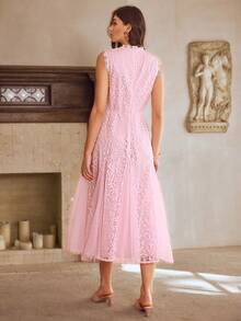 Simplee Vestido de mujer de primavera/verano con cuello redondo sin mangas, con inserto de tul en el bajo, con detalles elegantes de encaje, adecuado para fiestas y bodas, color rosa - Rosa - Ver 7