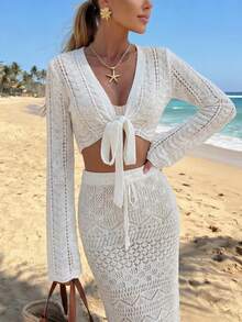 Women's New White Open Collar Long Sleeve Flared Sleeve Front Tie Top With Elastic Waist Straight Skirt, Fashionable Minimalist Casual Vacation Beach Sexy Party Knit Two Pieces Set, Spring And Summer - White - View 4